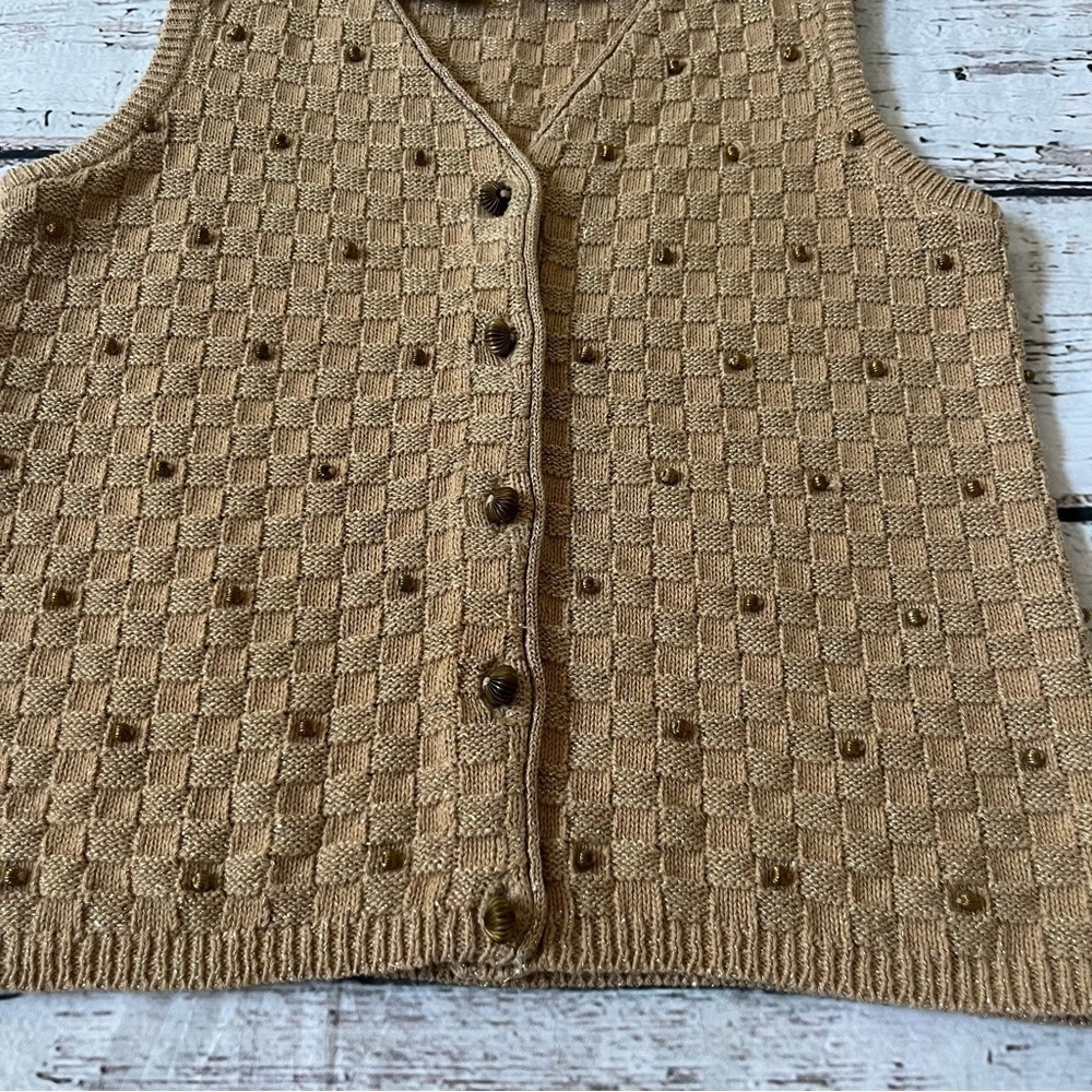 Vtg Lizsport Petite Knit Gold Metallic Vest Size S - Picture 9 of 12